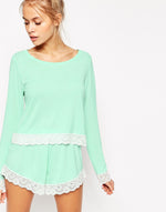 Lace Trim Long Sleeve Tee & Short Pyjama Set